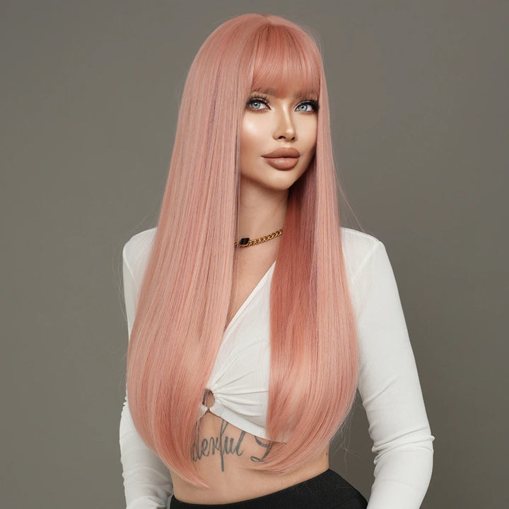 Long straight light pink high-quality synthetic hair with bangs for women. Made from heat-resistant fiber, this 28-inch wig is a hot selling item.