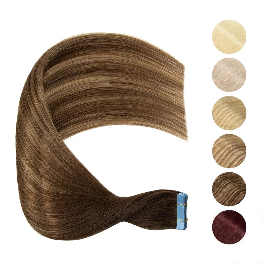 Tape-In Hair Extensions – 100% Remy Human Hair Skin Weft, Natural Seamless Tape-Ins, 12–24 Inch, 40–50g/Pack