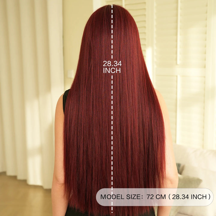 28 Inch Natural Black Wig with Bangs Extra Long Straight Wig for Women. This wig is natural-looking and comes in black-brown synthetic material.