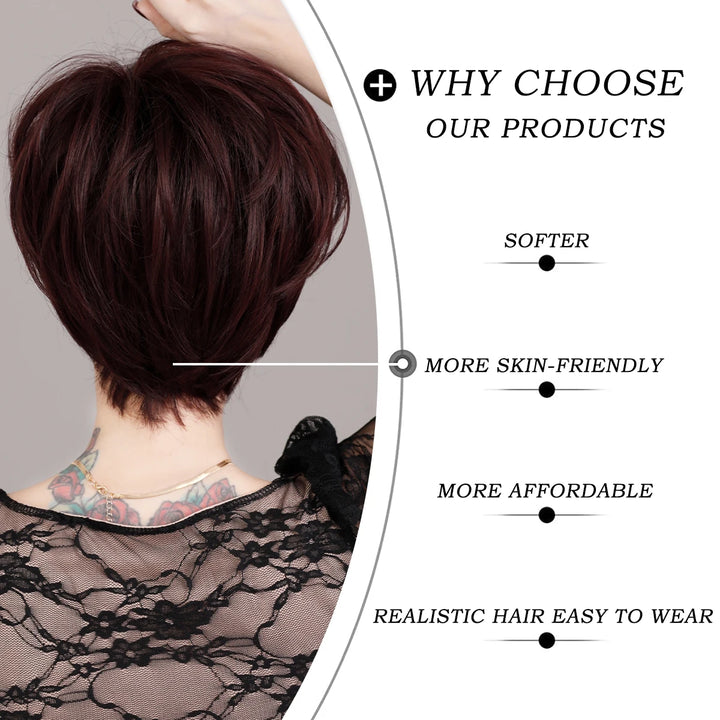Ombre red pixie cut wig with bangs, cute and natural-looking. Short black and burgundy layered wavy style for women.