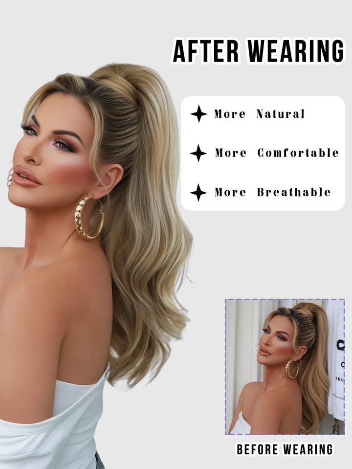 Madeline Brown 28-Inch Curly Synthetic Hair Wig with Steel Prongs Gold Adjustable Size Ponytail Black with Gold Adjustable Size