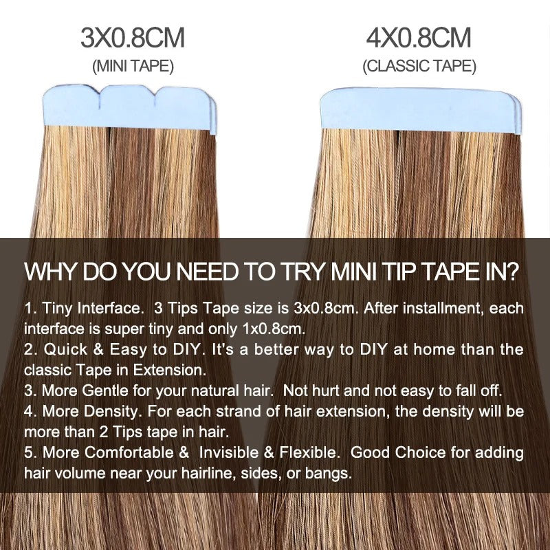 Mini Tape Hair Extensions – Natural Straight Human Hair | Soft, Lightweight | Non-Remy | 10 Pieces per Pack | Ideal for Highlights & Volume