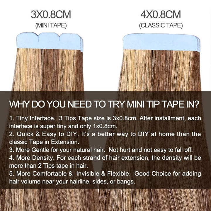 Mini Tape Hair Extensions – Natural Straight Human Hair | Soft, Lightweight | Non-Remy | 10 Pieces per Pack | Ideal for Highlights & Volume