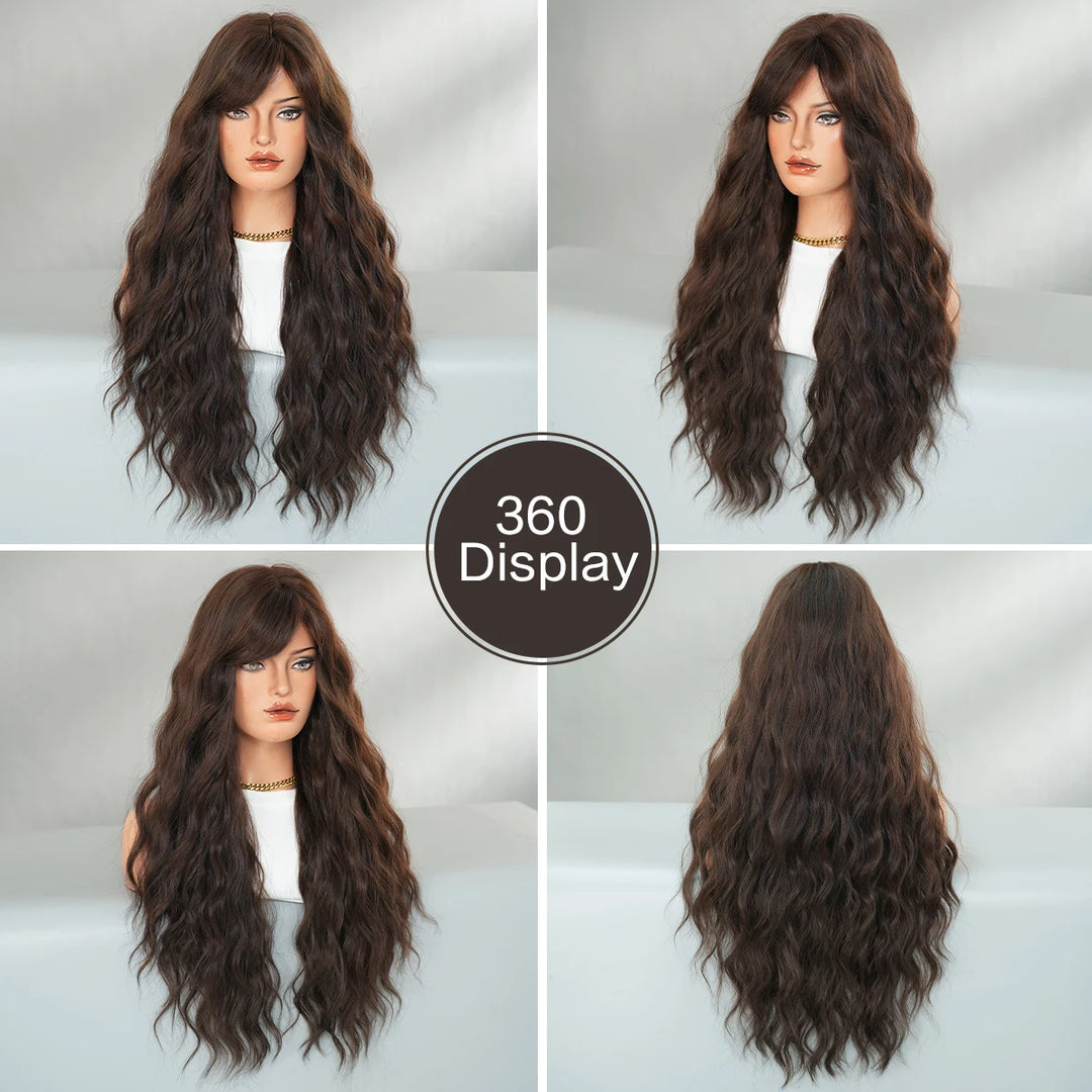 28 Inch Curly Ombre Brown Synthetic Hair Shoulder Length Wavy Wig. Heat resistant fiber, natural look
