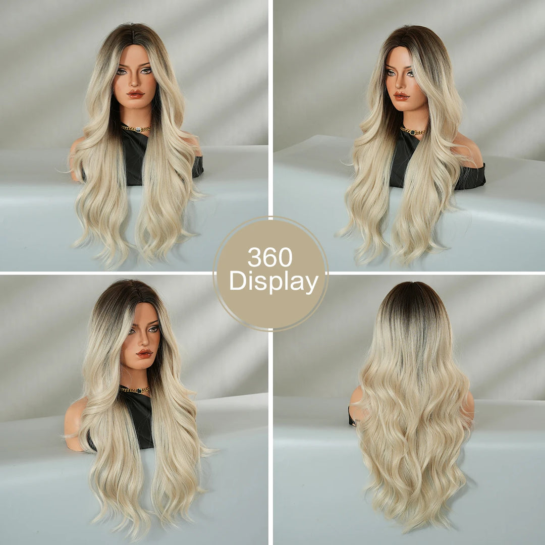 30 Inch Ombre Platinum Blonde Long Curls Synthetic Wig for Women. Heat Resistant with Natural Hair Slit. Matte White Hair Wigs. Peluca