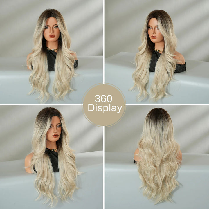 30 Inch Ombre Platinum Blonde Long Curls Synthetic Wig for Women. Heat Resistant with Natural Hair Slit. Matte White Hair Wigs. Peluca