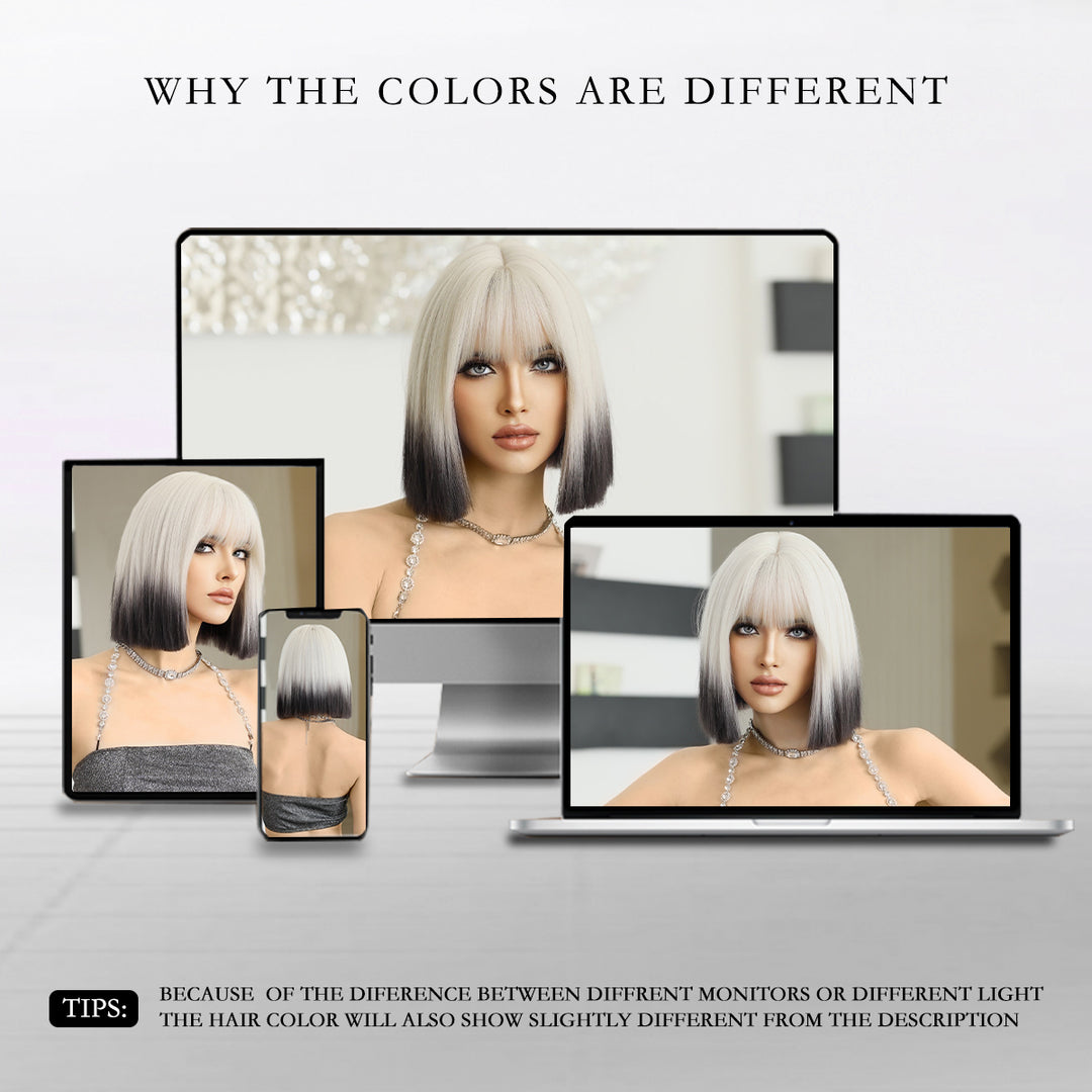 Ombre colored bob wig with bangs, perfect for cosplay or everyday wear.
