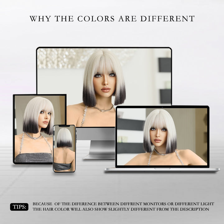 Ombre colored bob wig with bangs, perfect for cosplay or everyday wear.