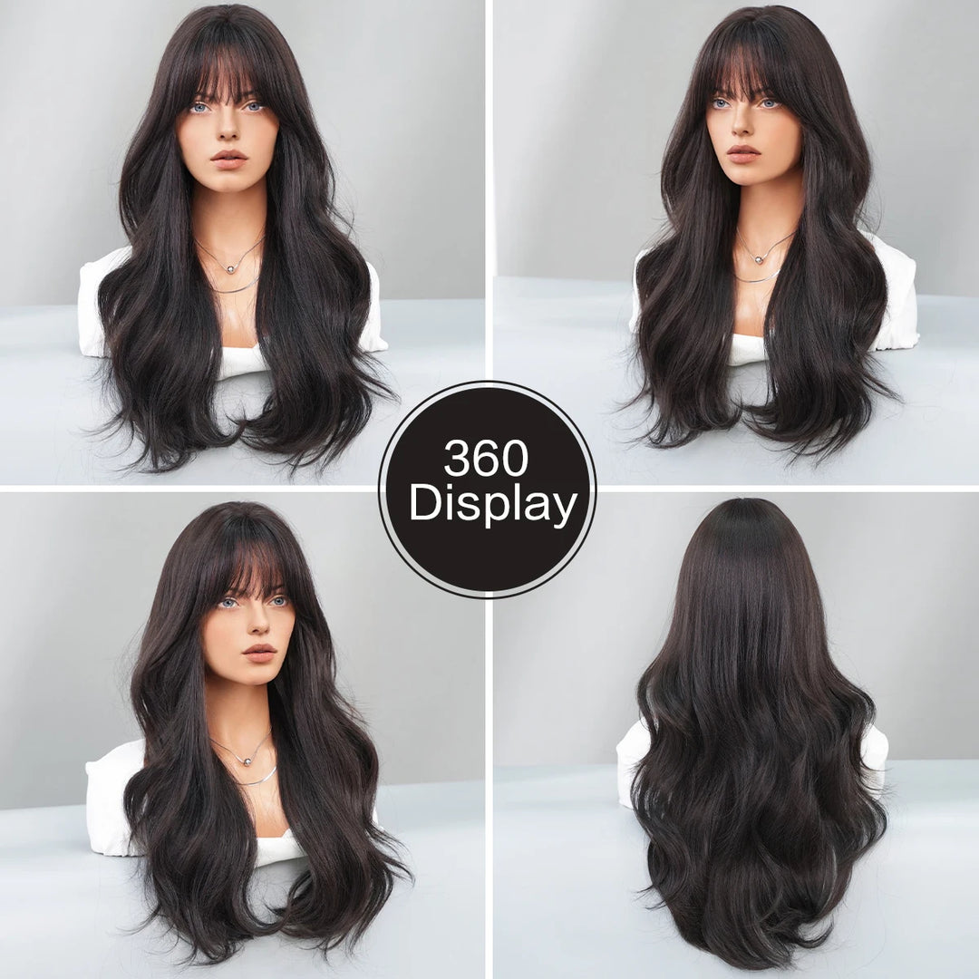 30-inch long curly highlighted brown synthetic hair wig. Made from heat-resistant fiber for a natural matte finish. Peluca.