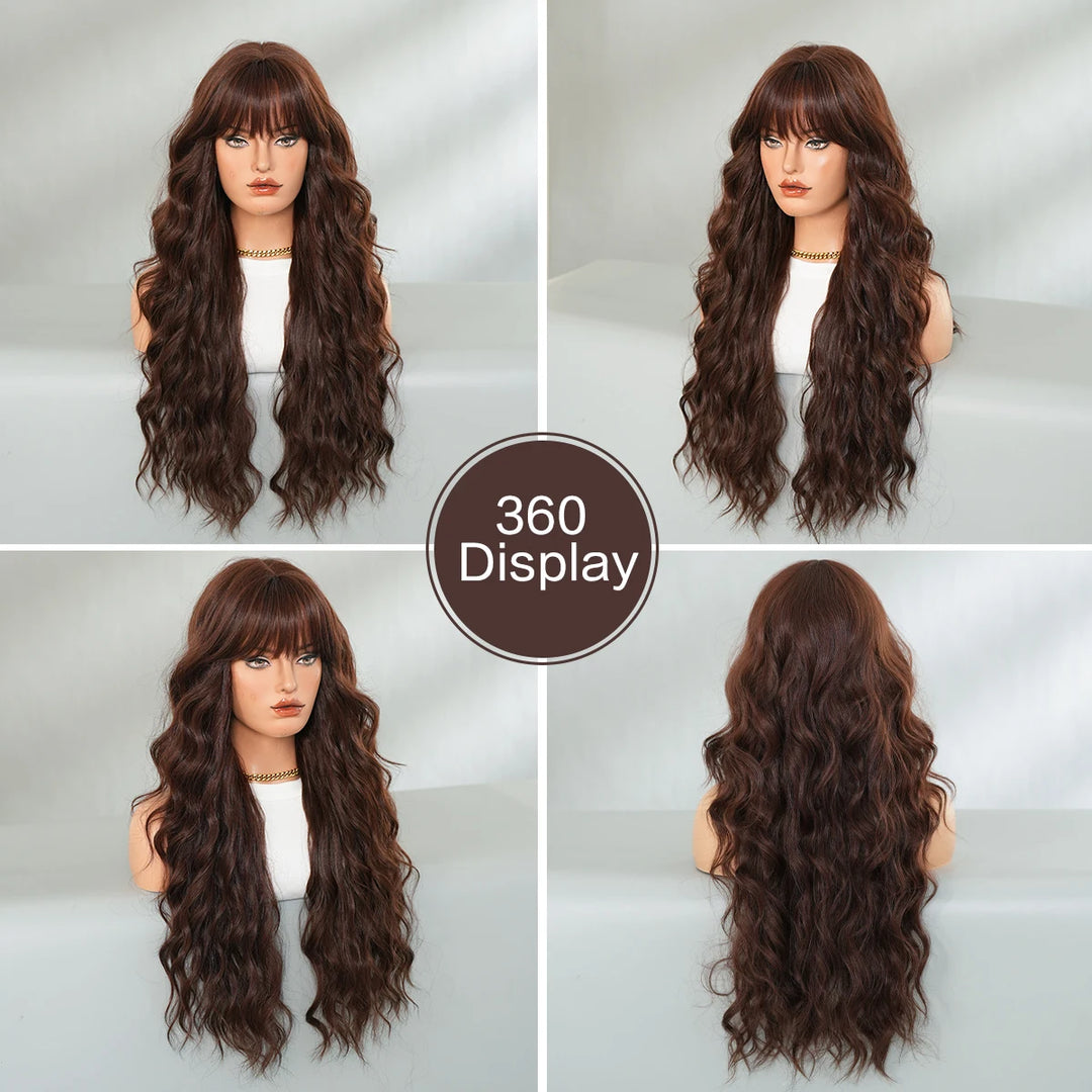 28 Inch Curly Brown Synthetic Hair Shoulder Length Water Wavy Wigs Heat Resistant Fiber Natural Matt Wigs Peluca Rizada