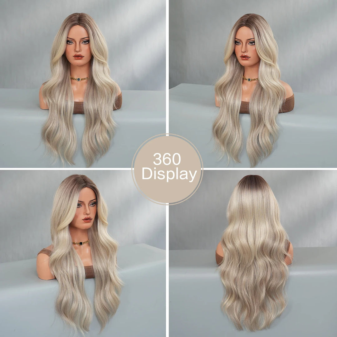 30-Inch Ombre Platinum Blonde Long Curls Synthetic Heat-Resistant Wig for Women Natural Hair Slit Matte White Hair Wigs Peluca#
