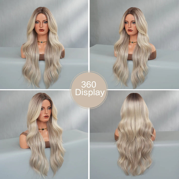 30-Inch Ombre Platinum Blonde Long Curls Synthetic Heat-Resistant Wig for Women Natural Hair Slit Matte White Hair Wigs Peluca#