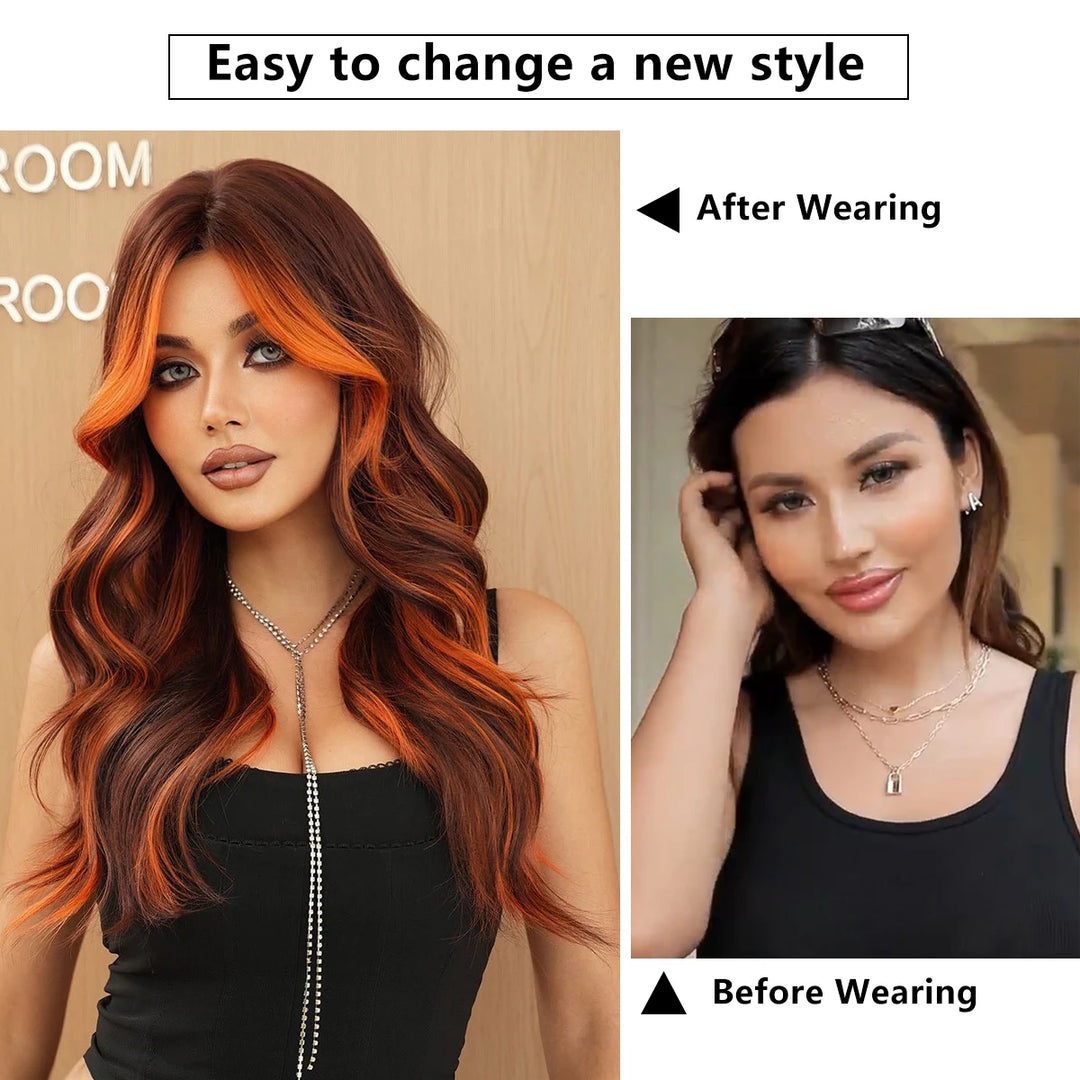 Ginger Orange Wig with Highlights - Synthetic Hair Wig with Brown Skunk Stripe, Long Wavy Style, Heat Resistant Fiber.