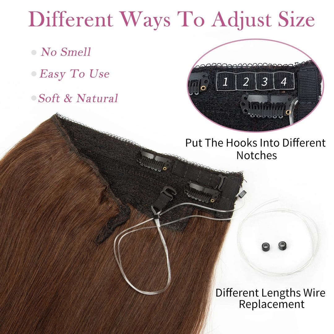 Fish Line Wire Hair Extensions - Invisible Clip-in Human Hair Extensions with 4 Clips. Made from real natural hair, available in lengths of 12-24 inches.