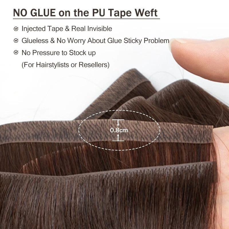 Hair extensions with text highlighting no glue on PU tape weft, showing a close-up of the tape and hair strands.
