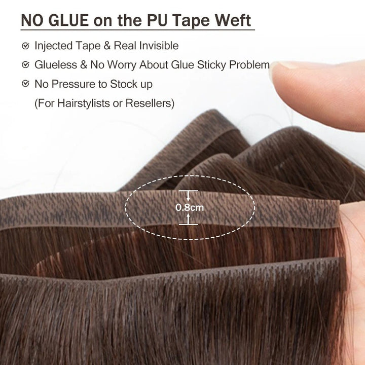 Hair extensions with text highlighting no glue on PU tape weft, showing a close-up of the tape and hair strands.