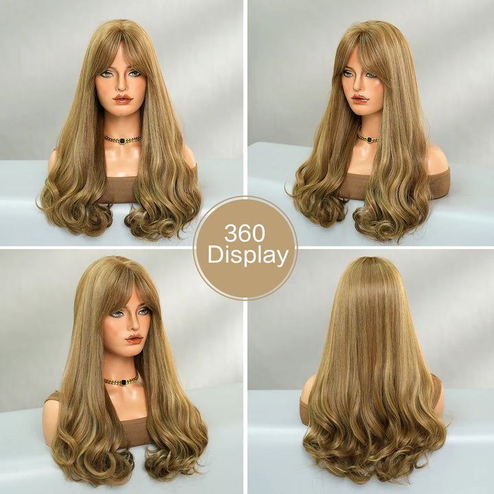 24-inch long curly middle-parted blond synthetic hair wigs with bangs. Blonde heat-resistant fiber natural matte wigs. Peluca.