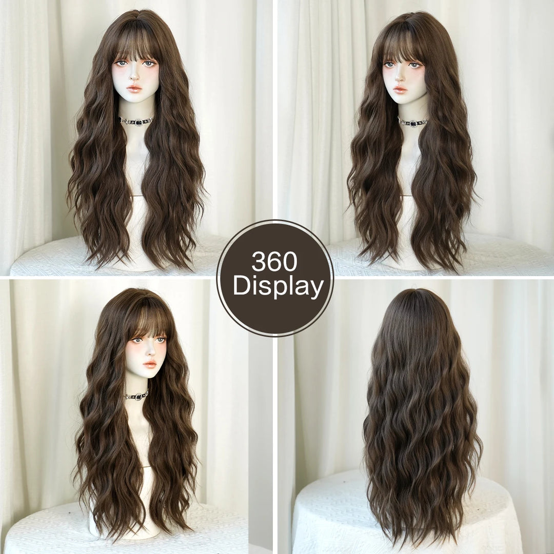 30-inch Extra Long Brown Curly Hair with Bangs Synthetic Matte Hair Wig for Women Heat Resistant
