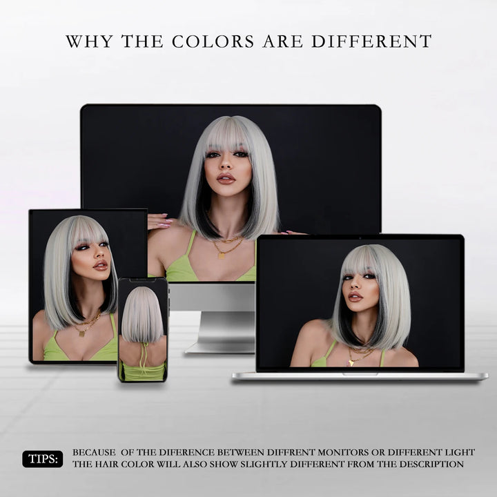 Black Bob Wigs with Bangs, Synthetic Straight Bob Wigs for Women, Heat Resistant 12 in Hair