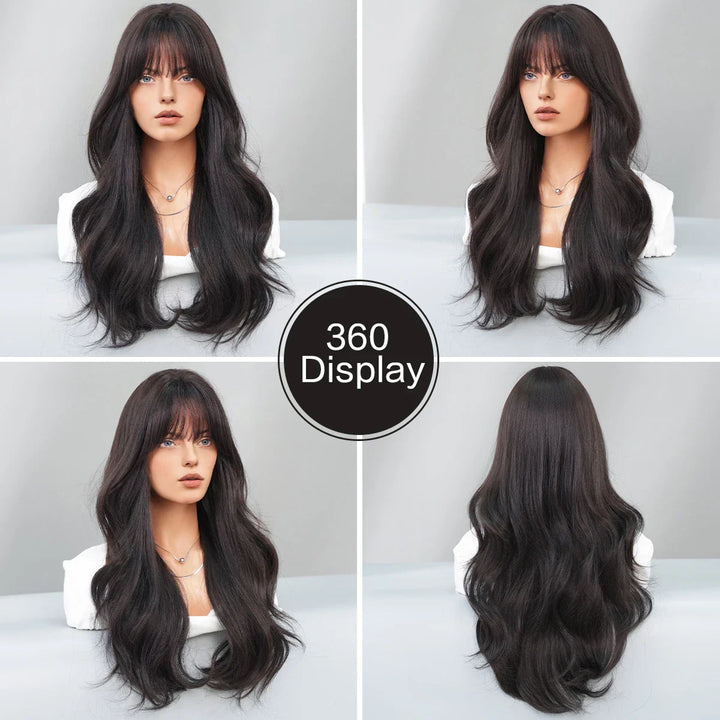 30-inch long curly highlighted brown synthetic hair wig. Made from heat-resistant fiber for a natural matte finish. Peluca.