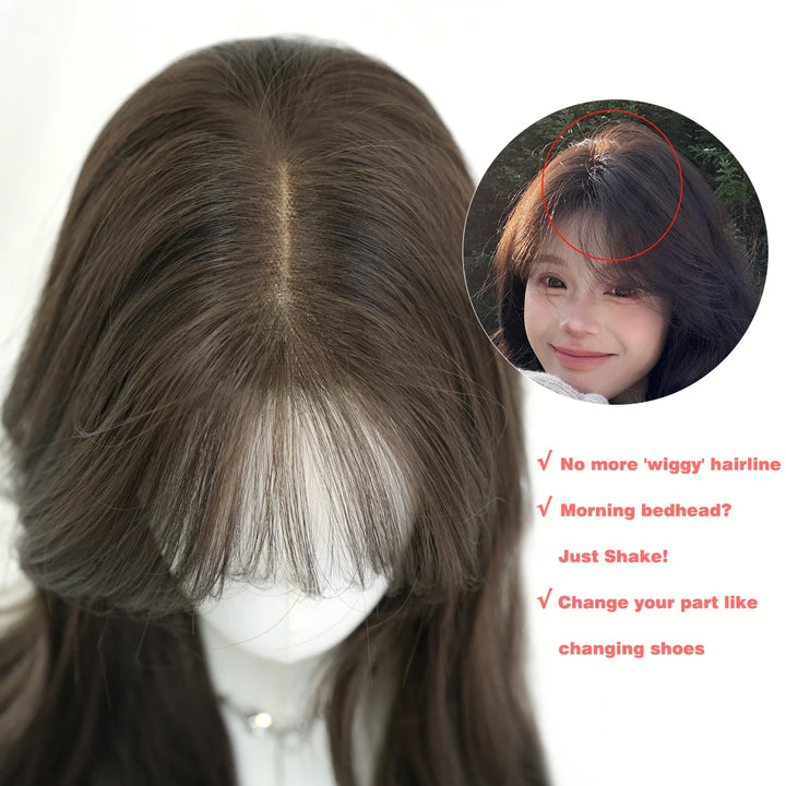 Monotop U Part Lace Long Curly Wig with Bangs for Women, 26 Inches, Heat Resistant Synthetic Brown Wig