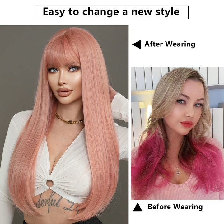 Long straight light pink high-quality synthetic hair with bangs for women. Made from heat-resistant fiber, this 28-inch wig is a hot selling item.
