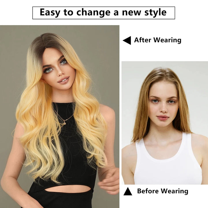 26 Inch Ombre Blond Curly Hair Wig for Women - Synthetic Matte Finish, Middle Parted.