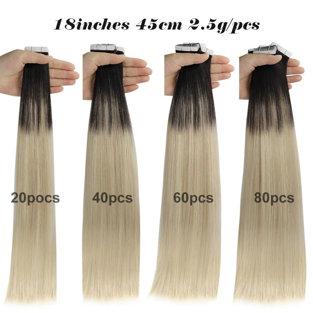 Tape-In Human Hair Extensions – Balayage Blonde, Remy Hair, Seamless Skin Weft, Silky Straight, 100% Natural Soft Hair