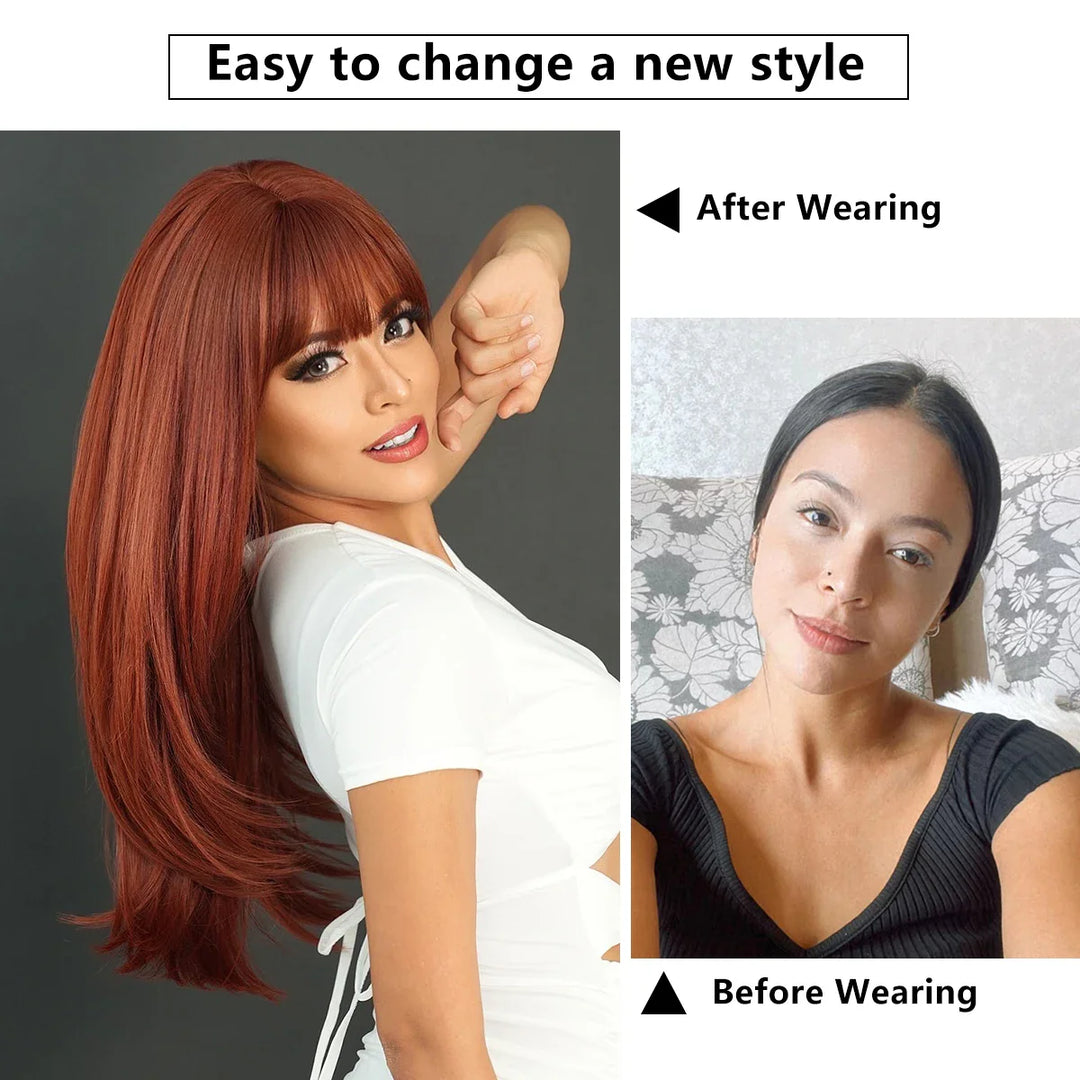 Light pink long wavy wig with bangs, 26 inches, made of synthetic heat-resistant hair. Perfect for daily use.