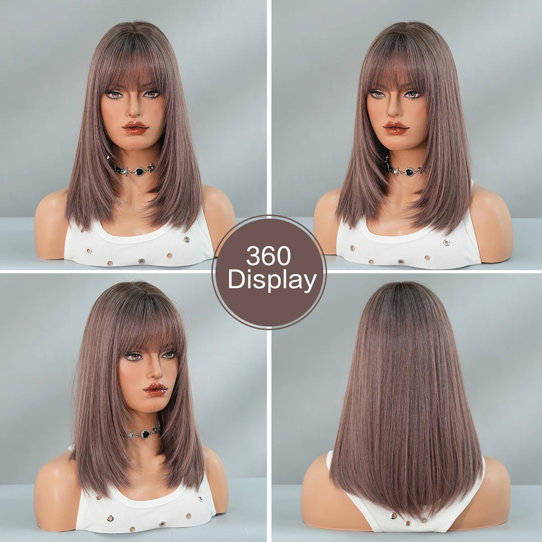 Purple Ombre Shoulder-Length Straight Layered Synthetic Wig with Bangs, 16 Inches. Natural Matte Hair for Women.