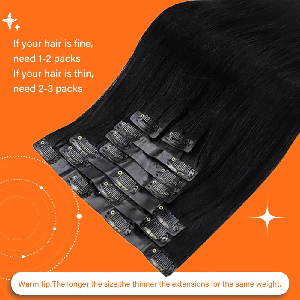 Set of hair extensions on an orange background with text on hair thickness requirements.