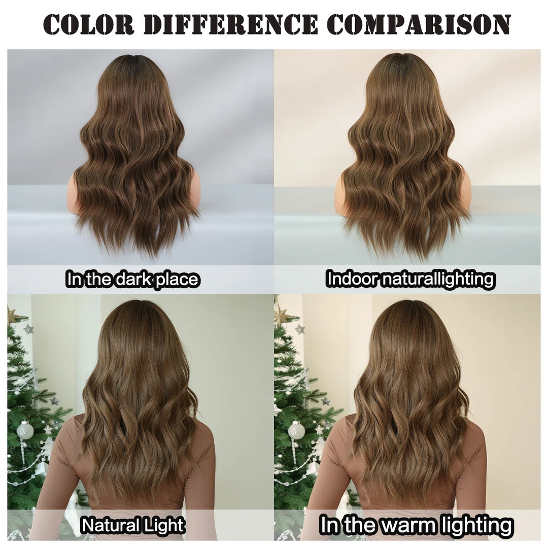 22" Curly Brown Synthetic Hair Wig, Shoulder Length, Water Wavy, Heat Resistant Fiber, Natural Look, Matt Finish.