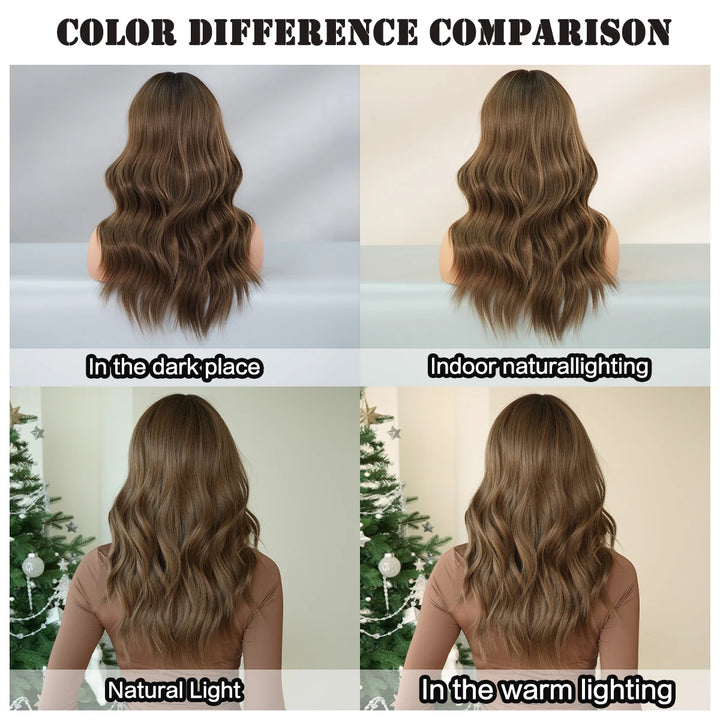 22" Curly Brown Synthetic Hair Wig, Shoulder Length, Water Wavy, Heat Resistant Fiber, Natural Look, Matt Finish.