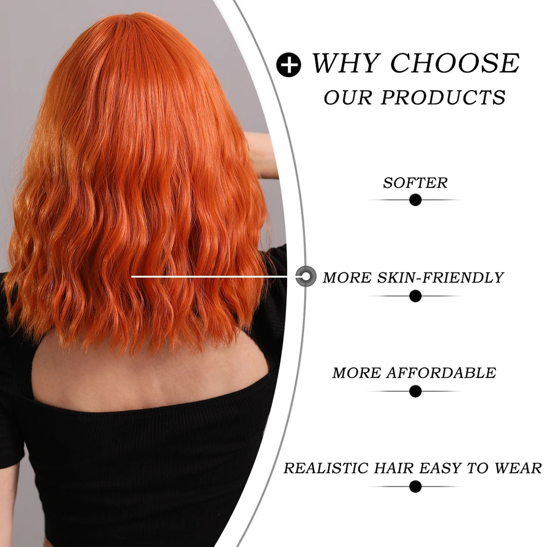 Ginger Orange Wig - Short Curly Wavy Bob Wig for Women with Bangs, Shoulder Length Synthetic Colored Halloween Cosplay Copper Hair.