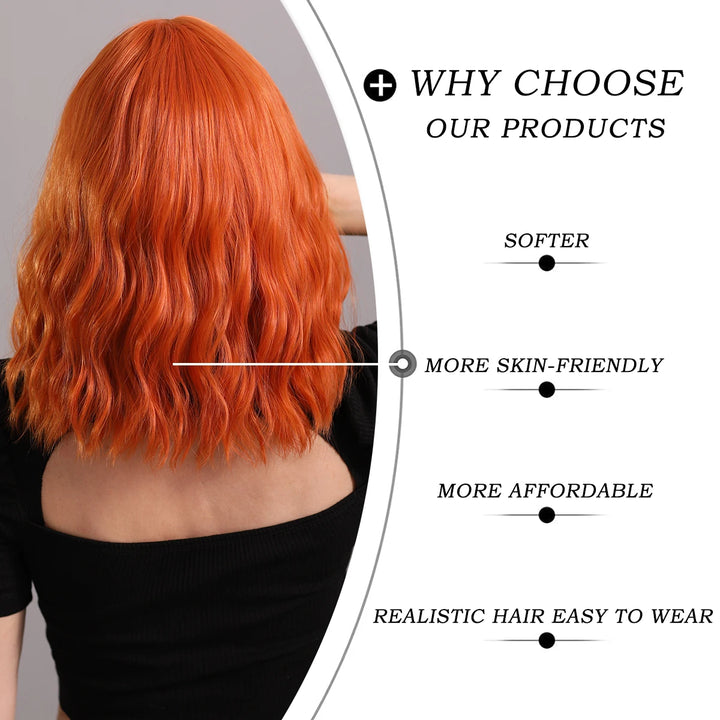 Ginger Orange Wig - Short Curly Wavy Bob Wig for Women with Bangs, Shoulder Length Synthetic Colored Halloween Cosplay Copper Hair.