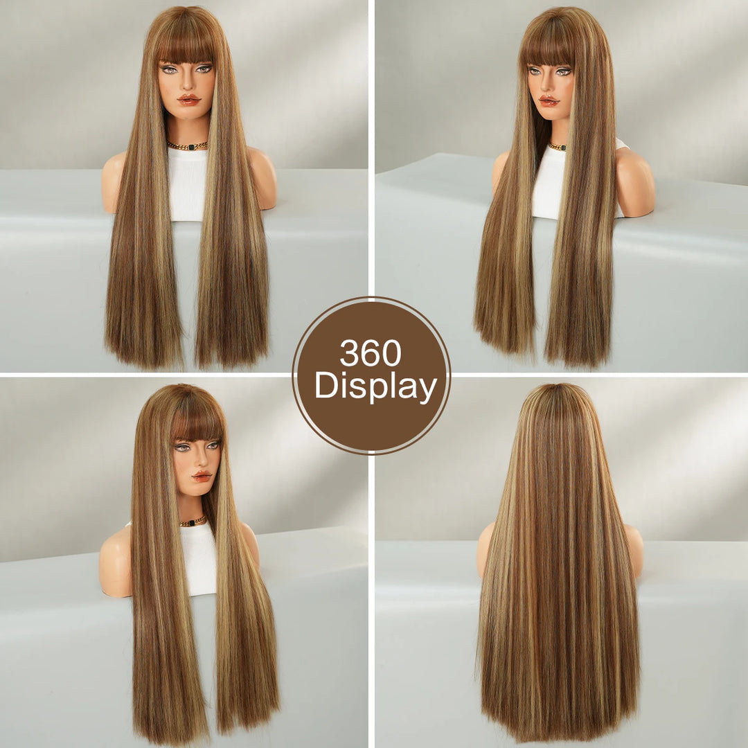 28 Inch Honey Blond Wig with Bangs, Long Straight Synthetic Wig for Women. Natural looking and suitable for daily use.