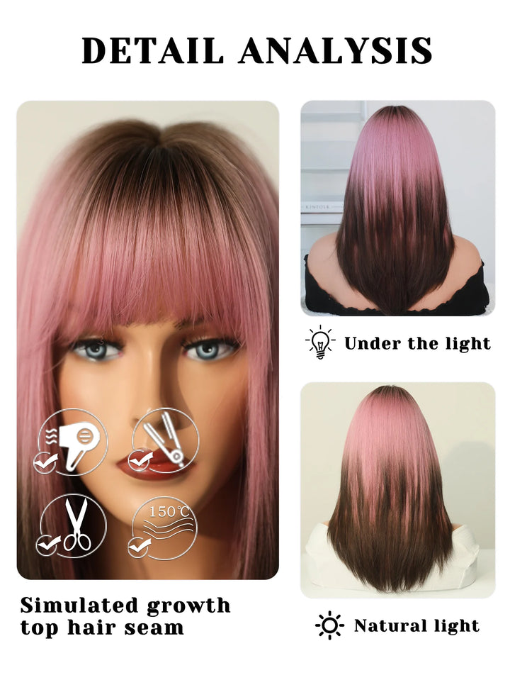 Pink and brown ombre wig with bangs for women. Great for cosplay, Christmas parties, and other events. Made of synthetic material.
