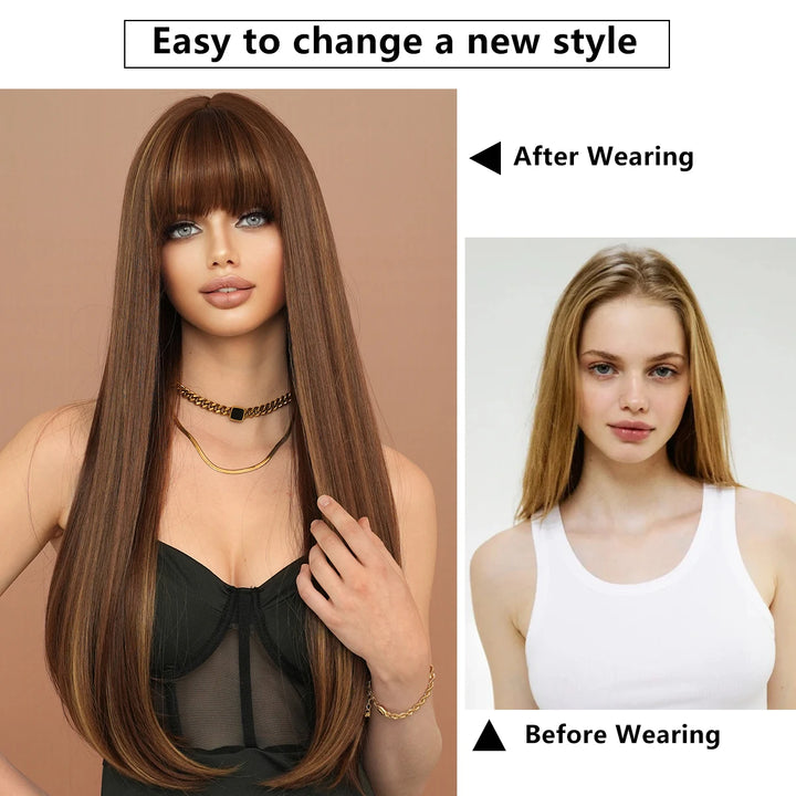 Long Straight Honey Blonde High-Quality Synthetic Hair with Bangs for Women. Heat-Resistant Fiber, Hot Selling 28 Inch.