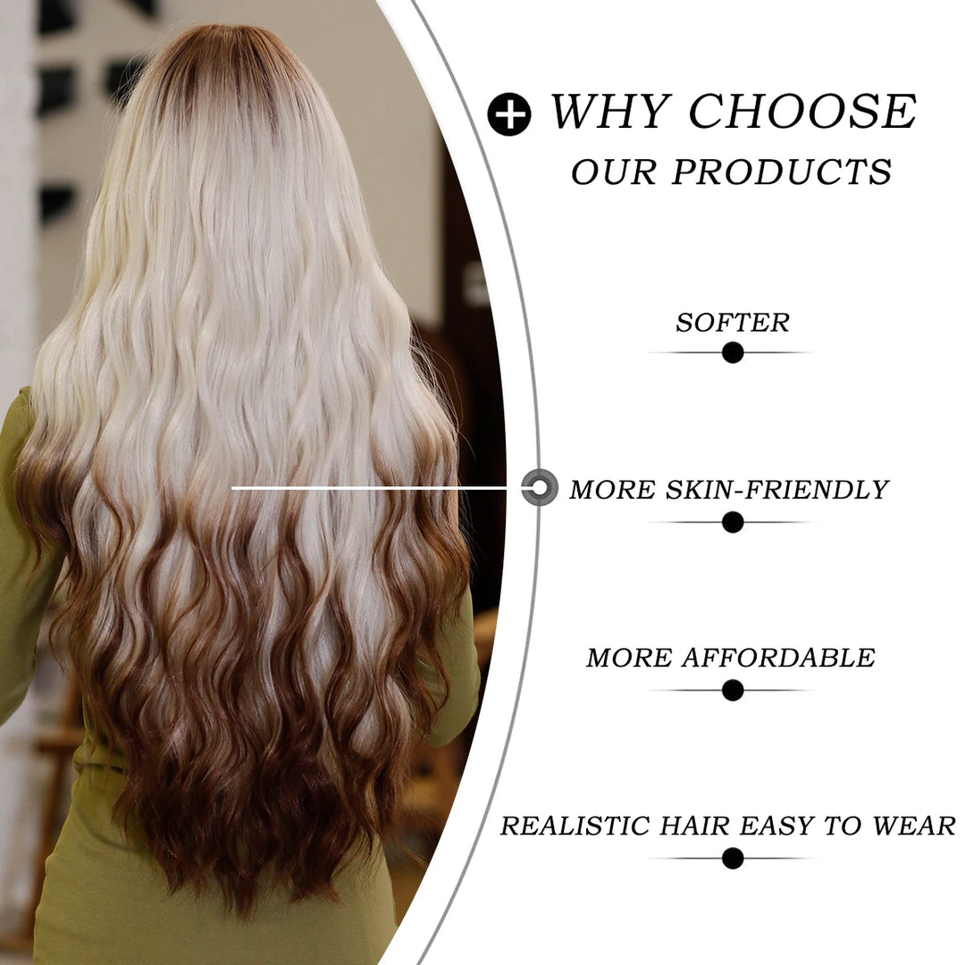 Ombre White Wig Long Wavy Wigs with Bangs for Women Long Platinum Blonde Wig Natural Looking Synthetic Heat Resistant Hair
