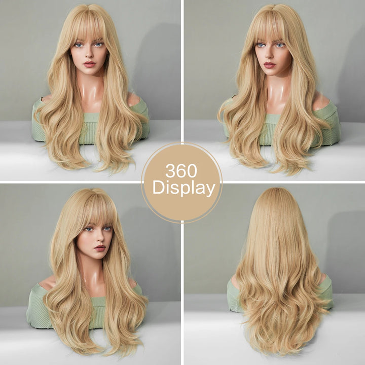 26 Inch Long Blond Curly Hair Wig with Bangs Synthetic Matte Hair Wig for Women.