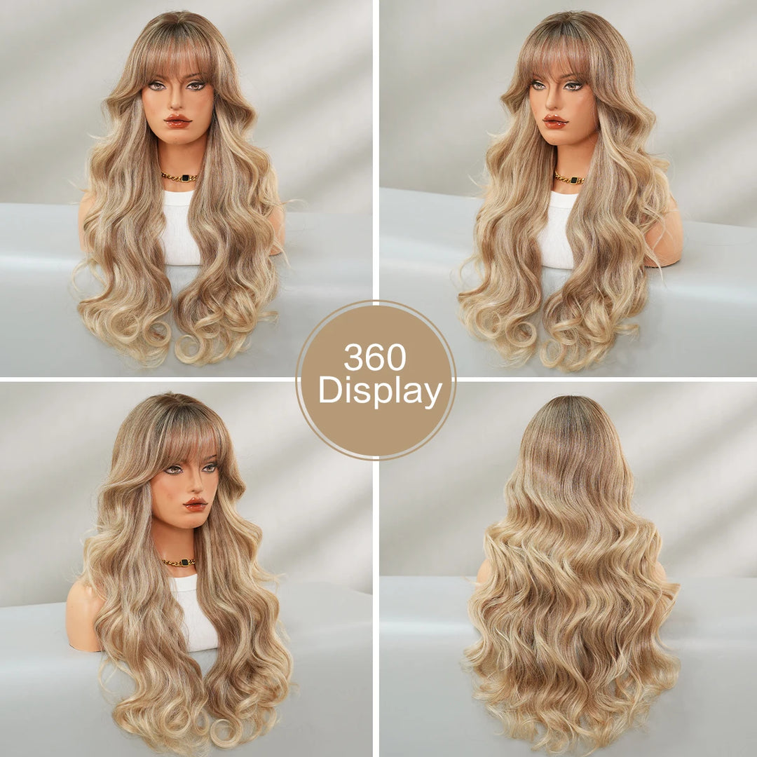 28" Blonde Curly Lace Front Wig with Bangs - Heat Resistant Synthetic Hair for Women