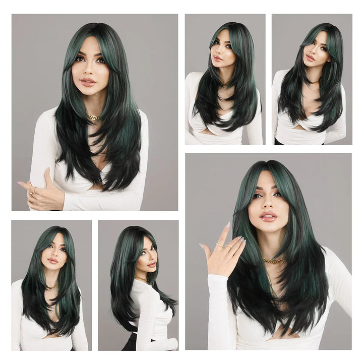 Green Highlight Layered Wig with Curtain Bangs, Synthetic Heat Resistant Hair Wig for Women.