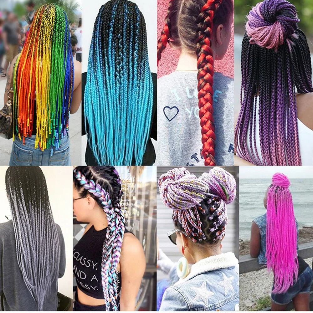 Collage of various braided hairstyles with colorful hair extensions.