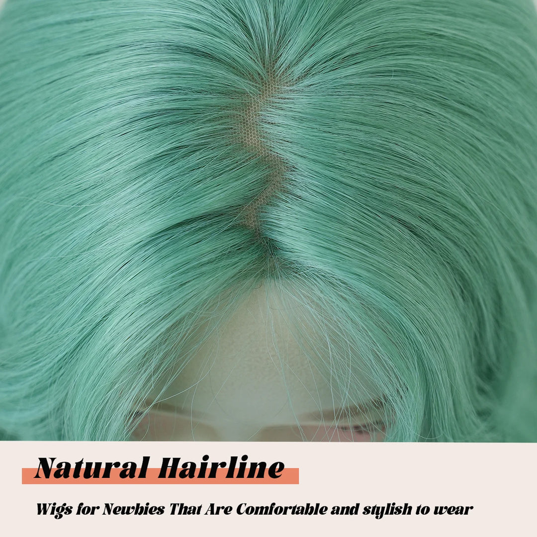 28-inch long water wave light green middle-parted synthetic matte hair wig for women. Heat-resistant lace front wig.