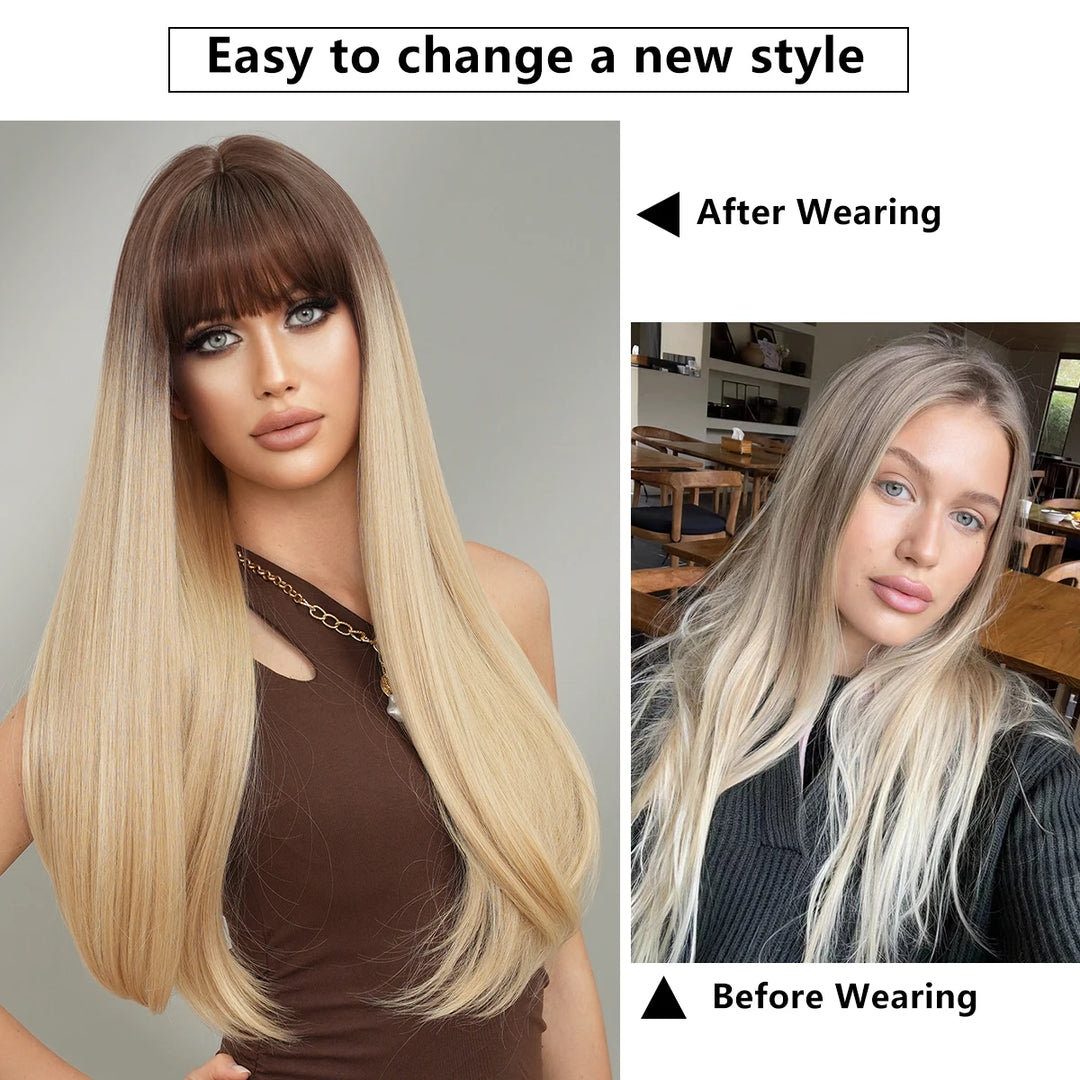 Long Straight Ombre Blonde Synthetic Hair With Bangs for Women Heat Resistant Fiber Wig Hot Selling 28 Inch.