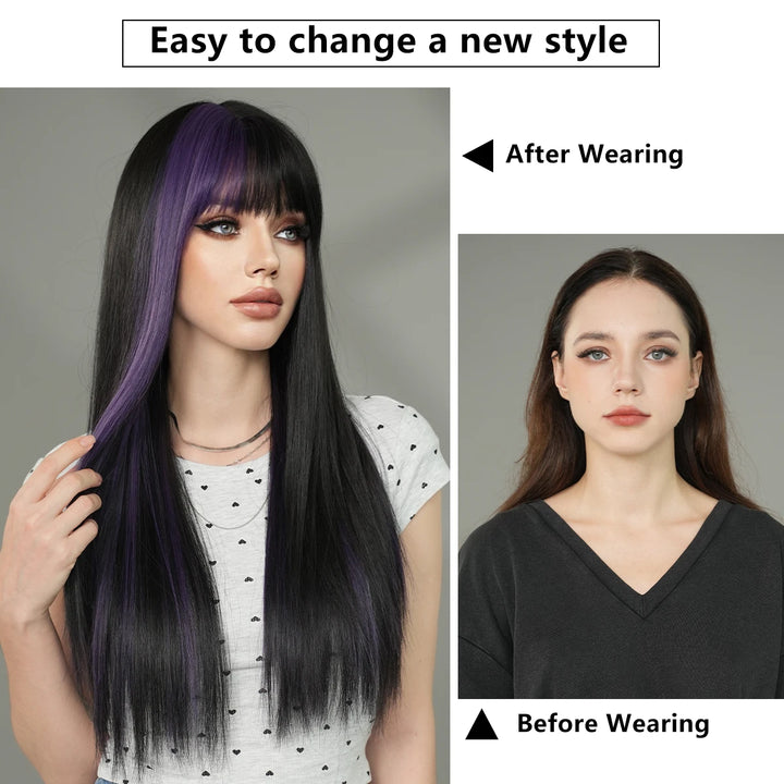 Orange Blonde Long Straight Wig with Bangs Synthetic Cruella De Vil Costume Hair Wig for Women Cosplay Anime Party Halloween.