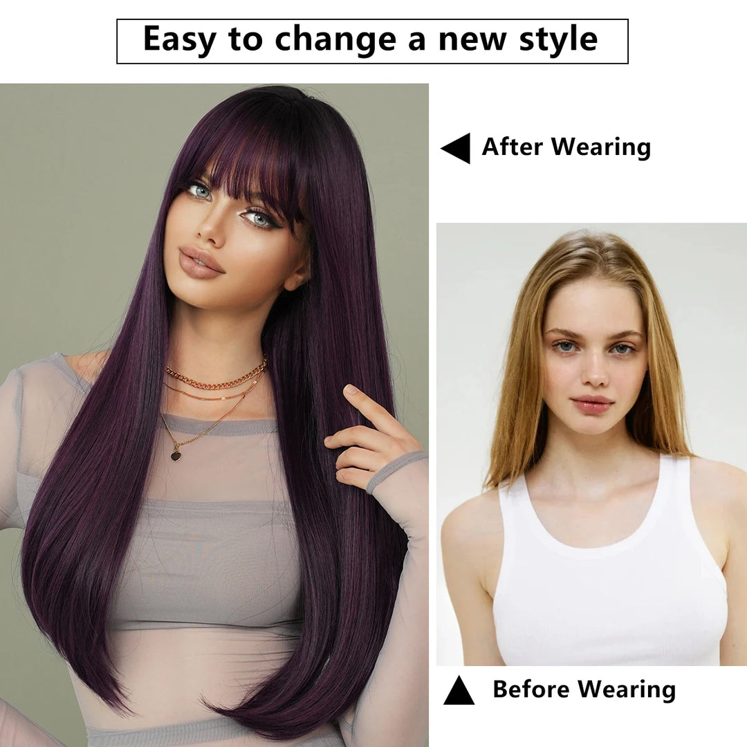 Ombre purple synthetic wig with bangs, 28 inches long, heat resistant fiber.