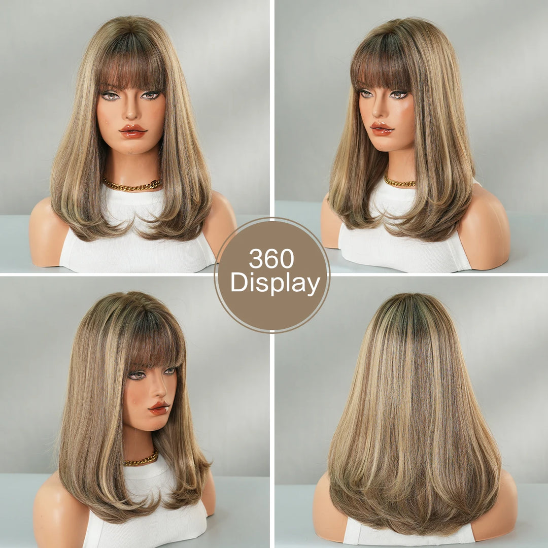 16 Inch Ombre Honey Blond Shoulder Length Straight Synthetic Heat Resistant Wig for Women Natural Hair Slit Matte Hair Wig