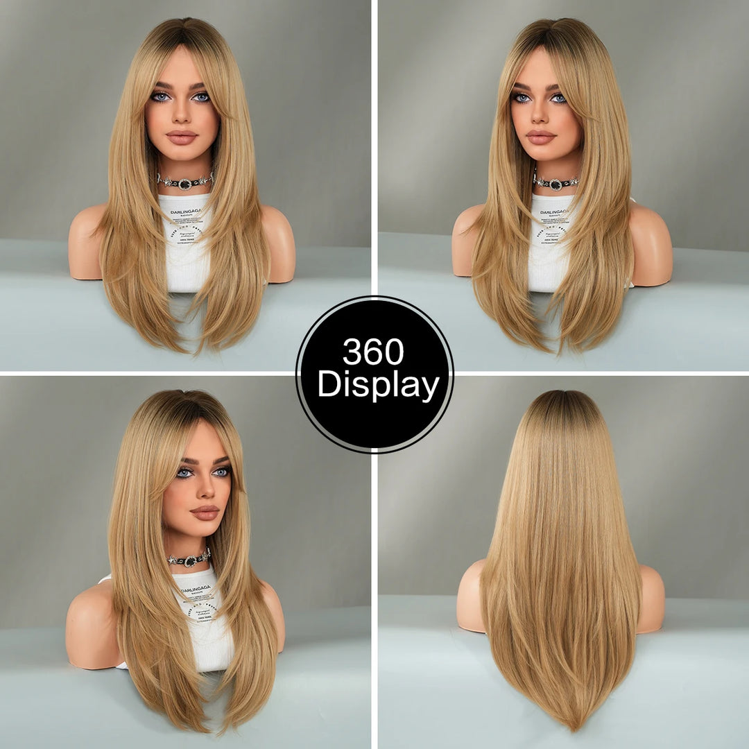 26-inch Layered Long Straight Ombre Blonde Middle-Parted Synthetic Matte Hair Wig for Women, Heat Resistant.