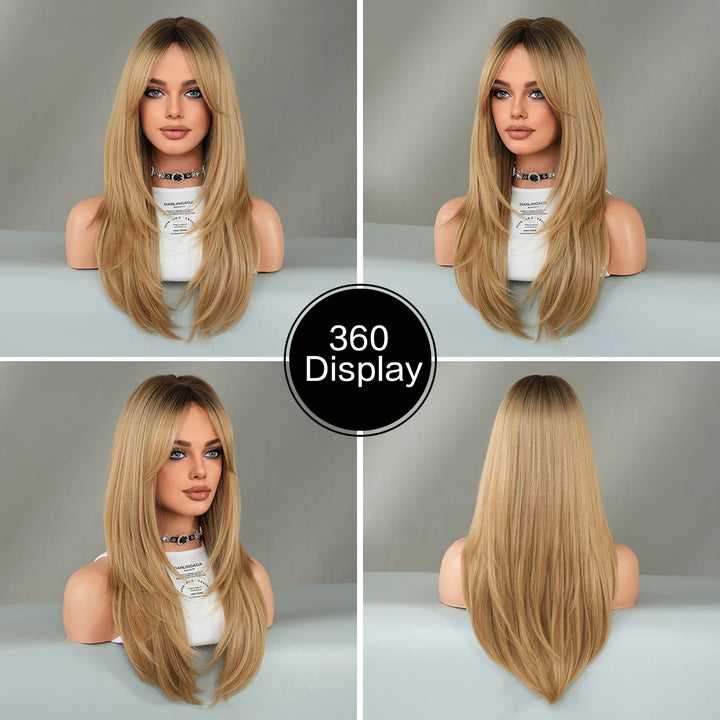 26-inch Layered Long Straight Ombre Blonde Middle-Parted Synthetic Matte Hair Wig for Women, Heat Resistant.